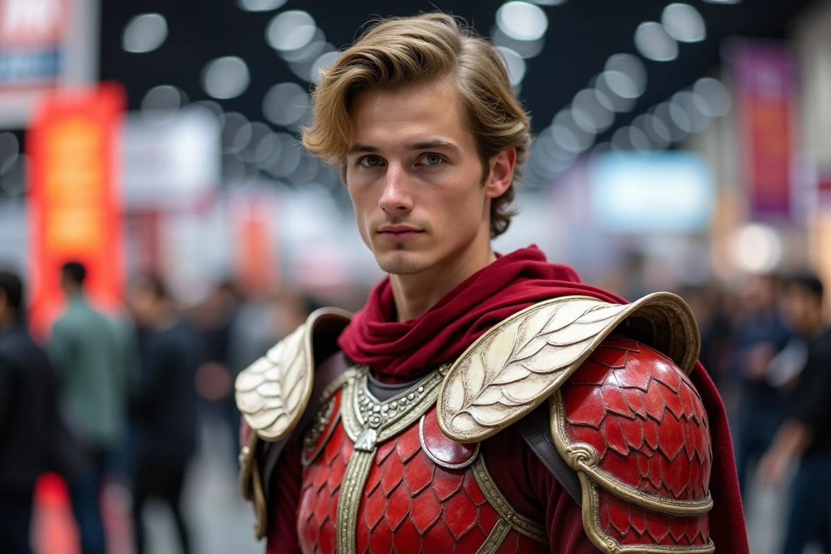 Cosplayer en armure fantasy inspirée de Fairy Tail lors d'une convention d'anime