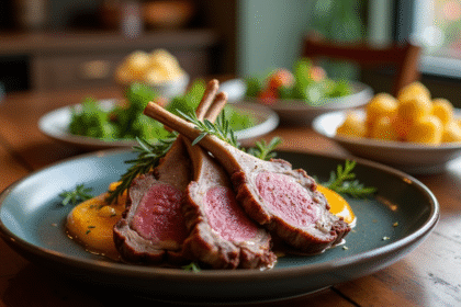 Côte de agneau bien présentée avec légumes colorés