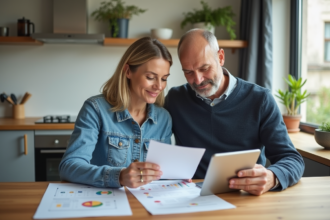 Couple d'adultes examinant des documents immobiliers dans une cuisine lumineuse