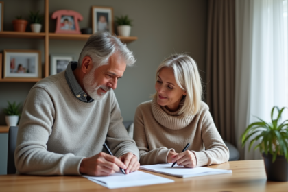 Couple d'âge moyen remplissant un dossier d'adoption dans un salon chaleureux
