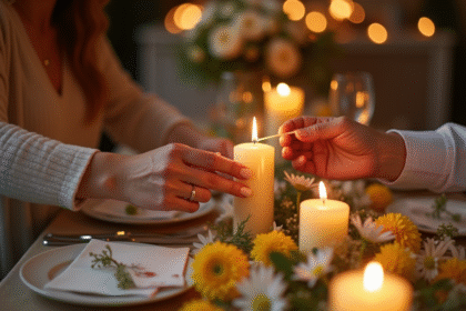 Couple allumant une bougie de cire d abeille lors d un dîner romantique
