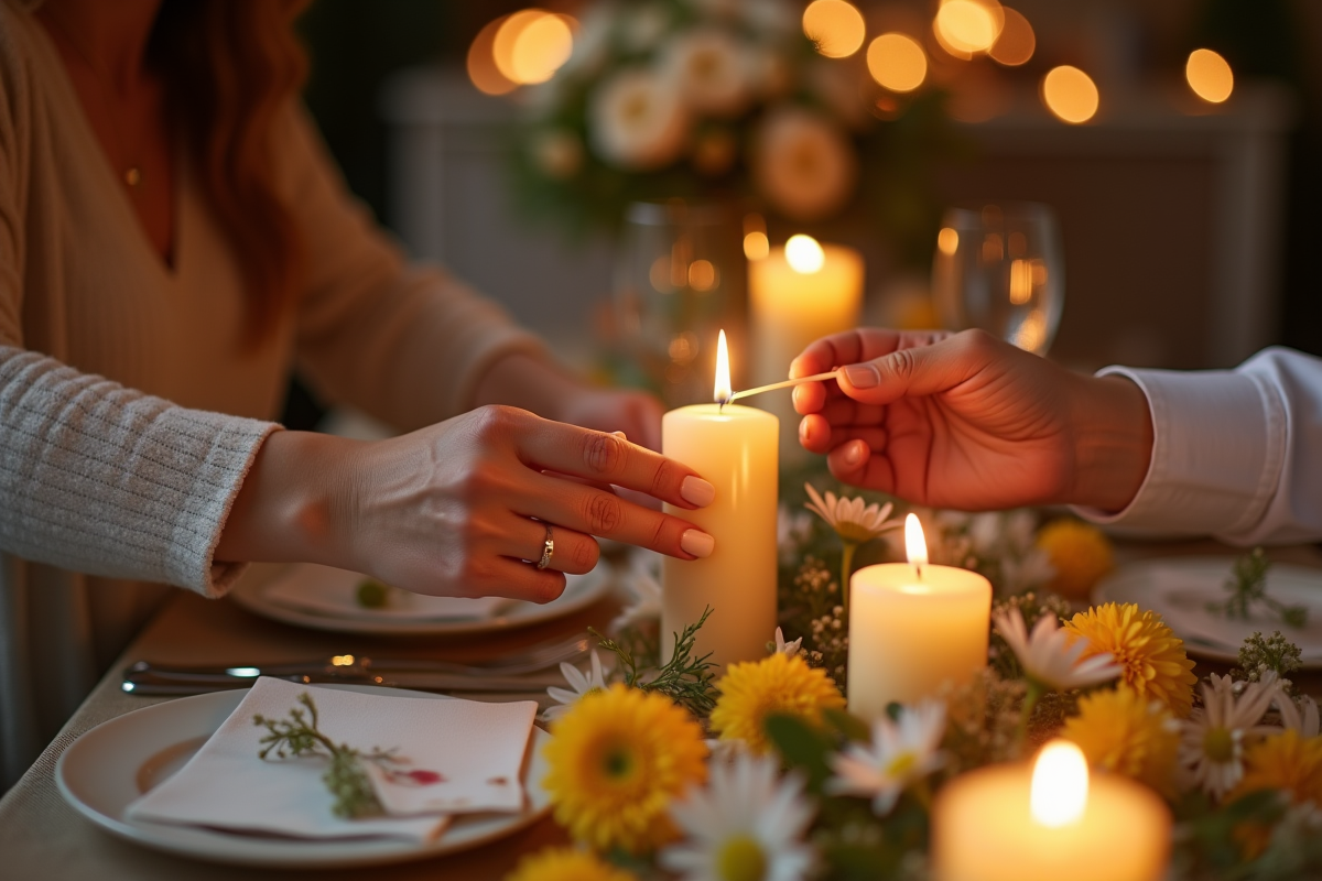 Couple allumant une bougie de cire d abeille lors d un dîner romantique