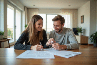 Couple souriant avec clés et documents de prêt immobilier