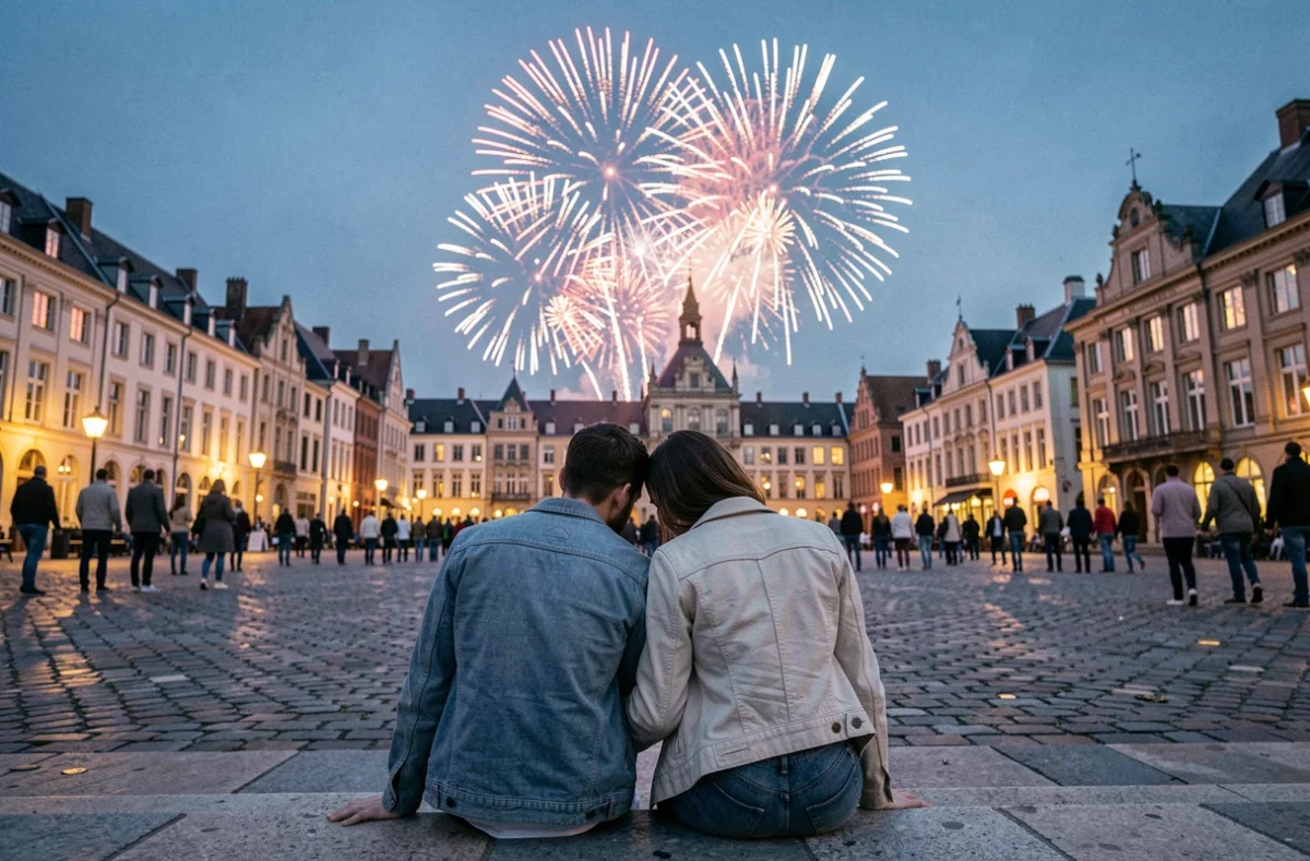 Couple assis sur des marches à Lille contemplant le feu d'artifice au-dessus des toits de la vieille ville