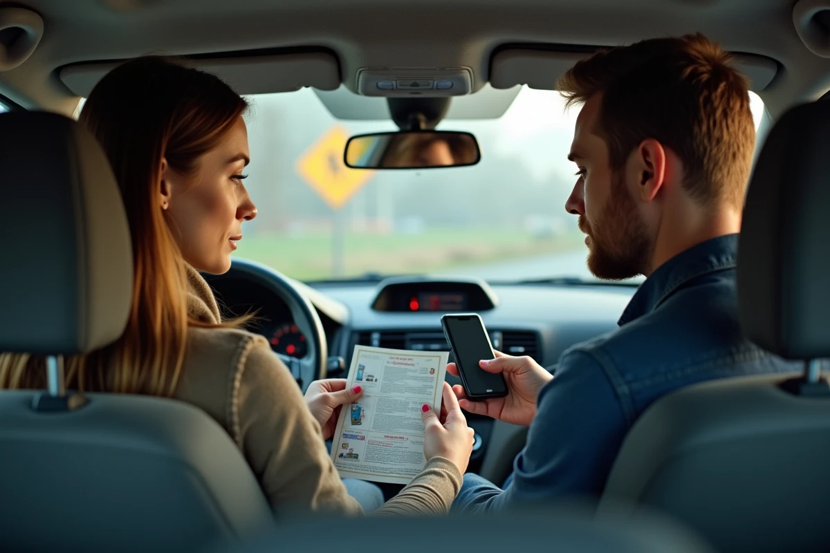 Couple de frontaliers comparant les prix des cartouches de cigarettes au Luxembourg dans leur voiture