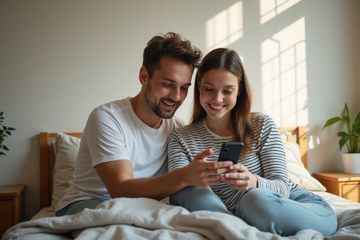 Couple découvrant une offre promotionnelle pour s'abonner à Canal+ sur smartphone