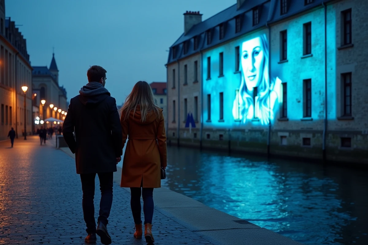 Couple se promenant le long du port du Havre devant une projection lumineuse lors du festival Pharenheit