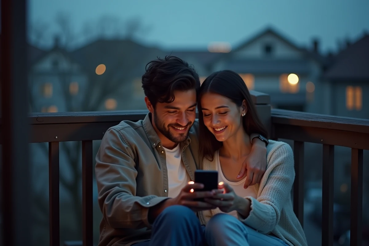 Couple romantique sur un balcon au crépuscule partageant un message bonne nuit sur leur téléphone