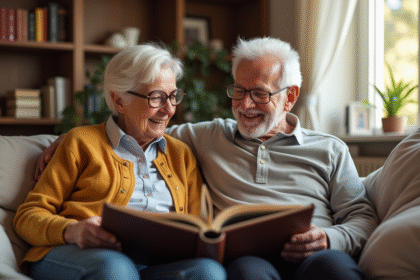 Couple âgé riant en regardant un album photo dans un salon chaleureux