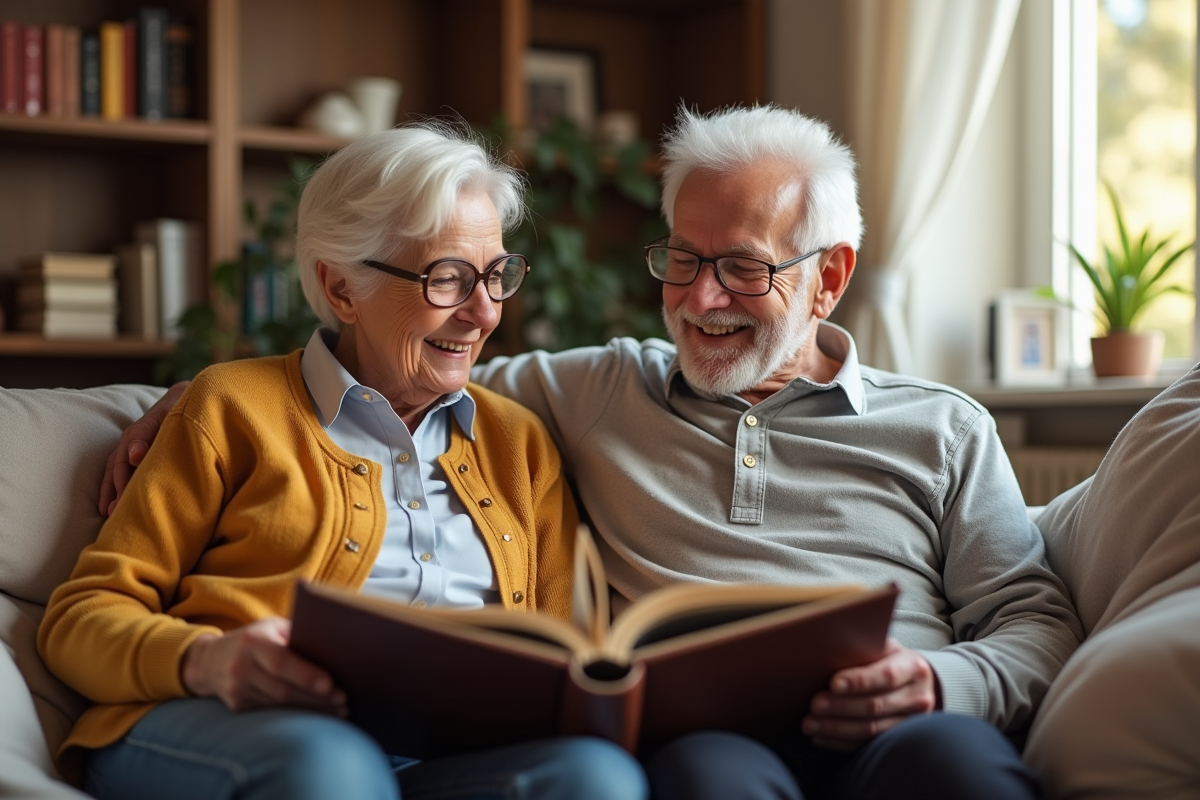 Couple âgé riant en regardant un album photo dans un salon chaleureux