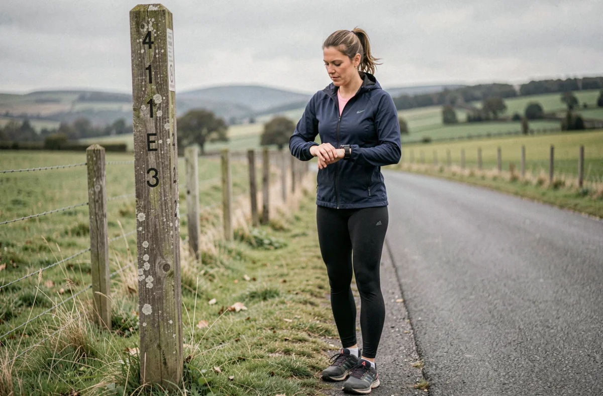 Coureuse regardant sa montre GPS près d'une borne kilométrique sur une route de campagne, illustrant la conversion miles kilomètres