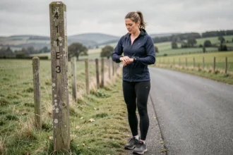 Coureuse regardant sa montre GPS près d'une borne kilométrique sur une route de campagne, illustrant la conversion miles kilomètres