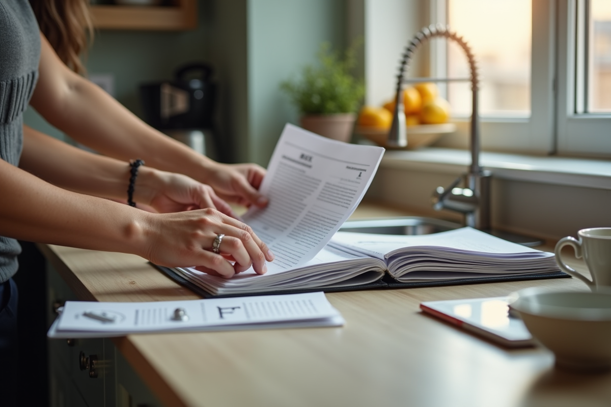 Étudiants organisant des papiers dans une cuisine bien éclairée