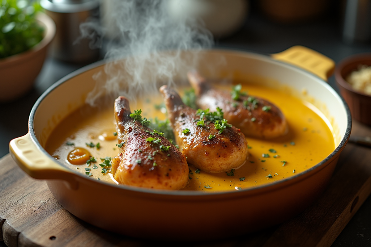 Casserole de lapin à la moutarde dans une cuisine chaleureuse