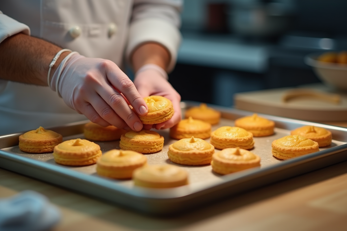 Chef soulevant un biscuit joconde avec précision en cuisine