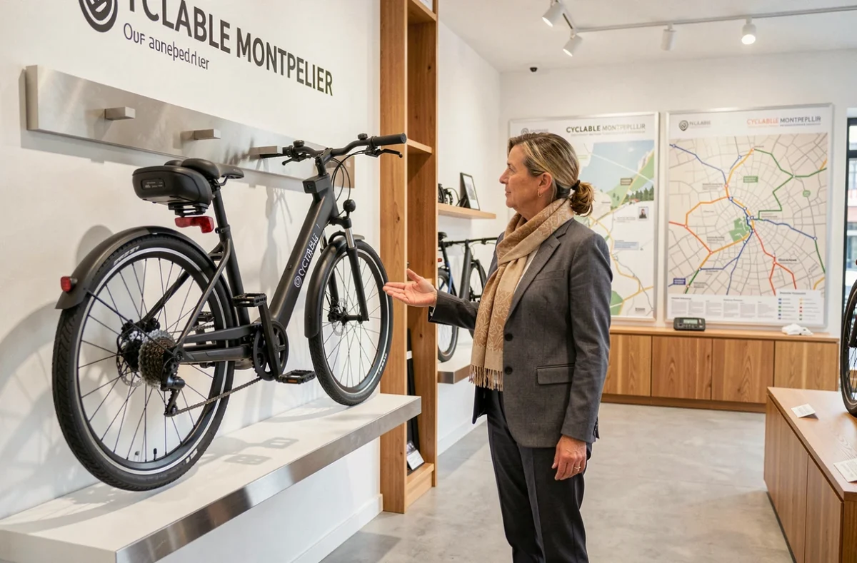 Conseillère de Cyclable Montpellier présentant des vélos électriques dans un espace design épuré