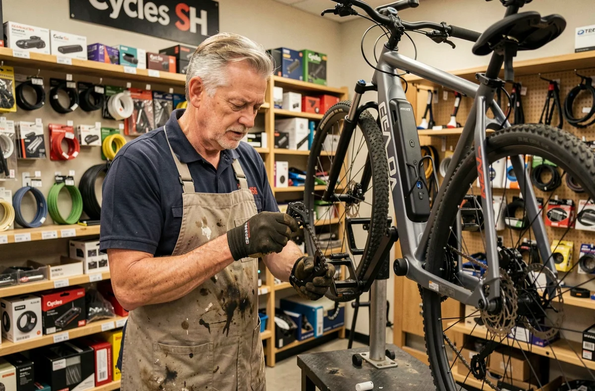 Technicien de Cycles SH réparant un vélo électrique sur un stand de réparation en atelier