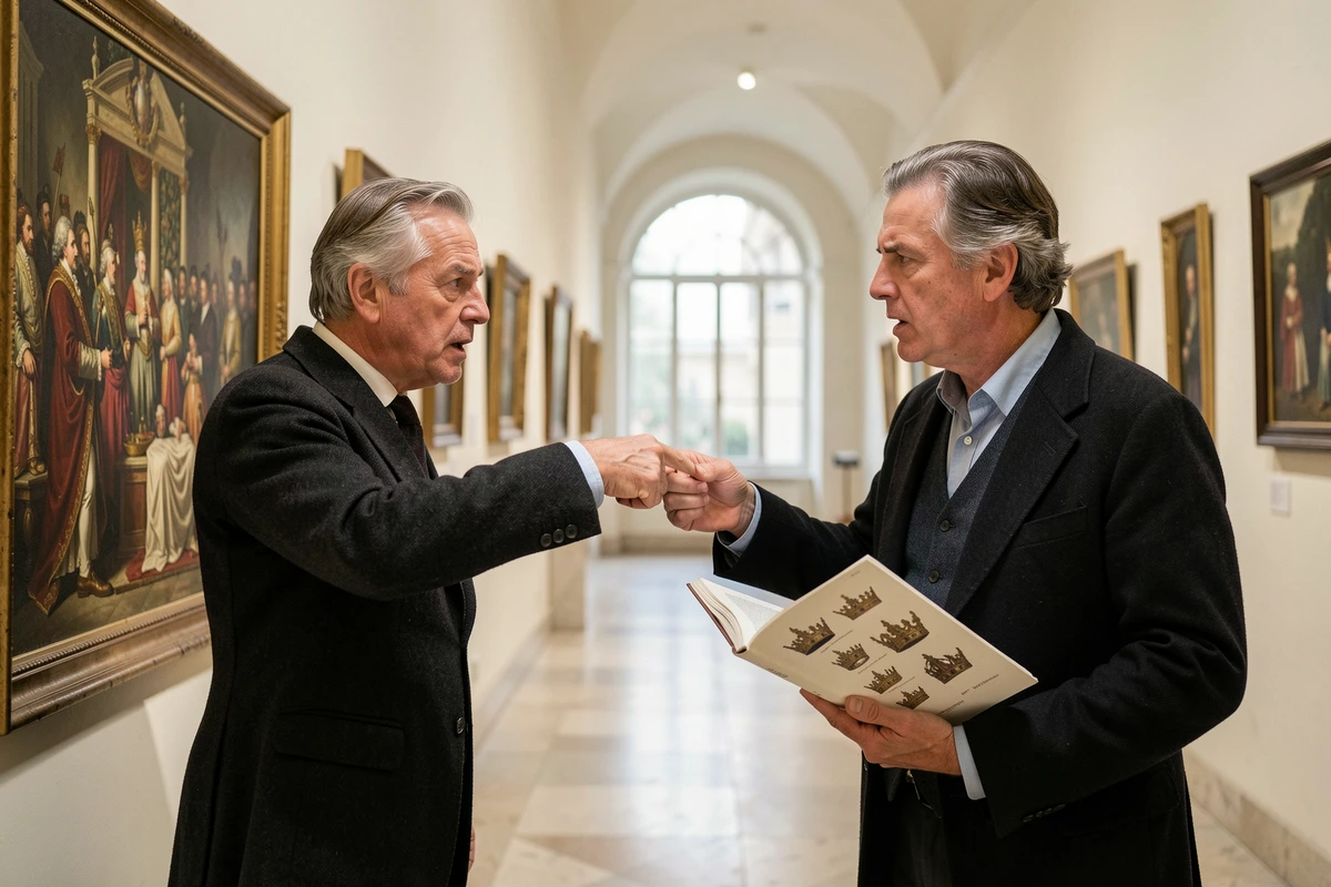 Deux historiens discutant devant une reproduction d'un sacre royal français dans un couloir de musée