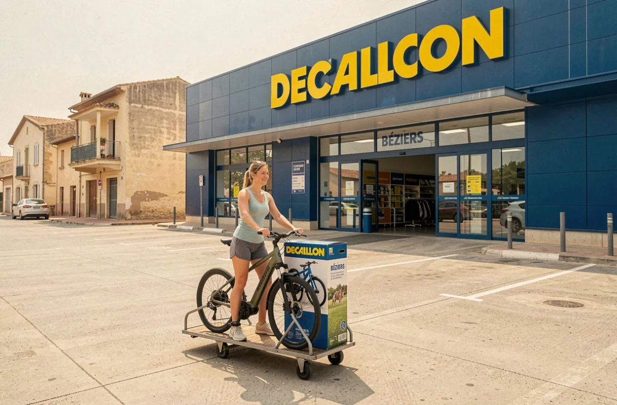 Cliente quittant le Decathlon Béziers avec un vélo électrique en boîte sur un chariot