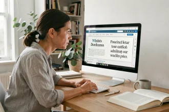 Designer web analysant des exemples de polices serif et sans-serif sur WordPress depuis son bureau moderne