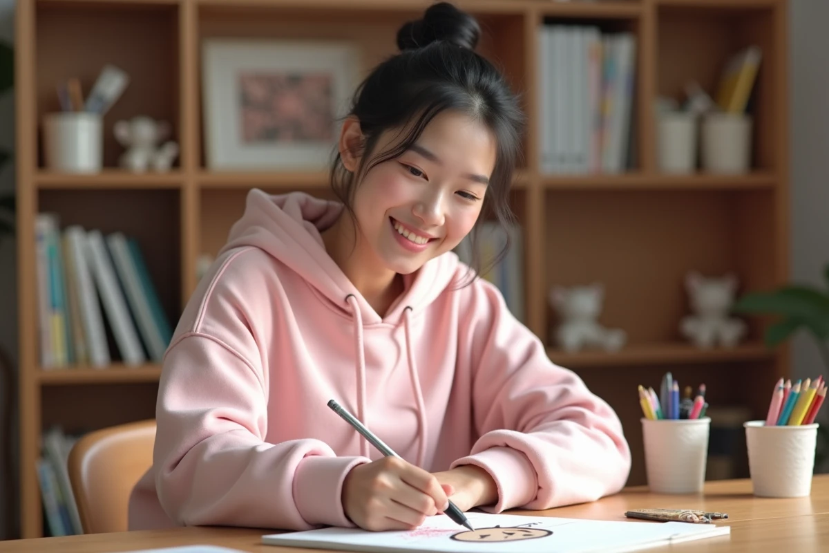 Jeune femme dessinant un personnage chibi mignon sur un carnet de croquis dans un atelier artistique cosy