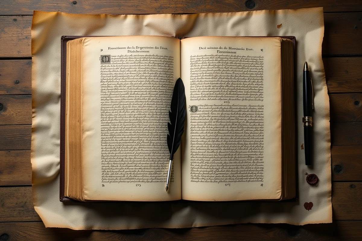Deux livres anciens ouverts côte à côte sur une table en chêne avec une plume, illustrant la dualité des deux parties du roman Le Rouge et le Noir de Stendhal