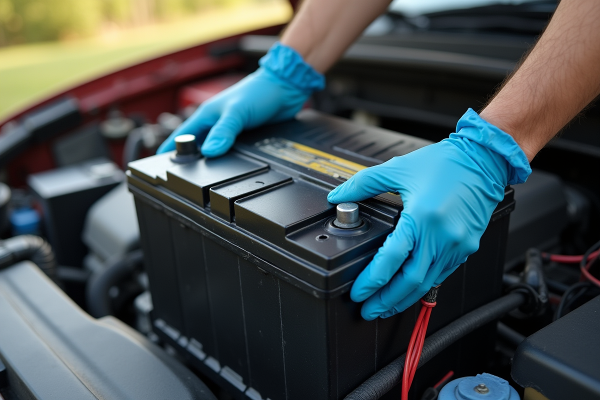 Deux mains en gants retirant une vieille batterie voiture