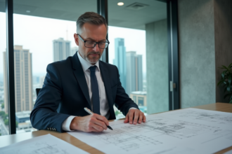 Homme d'affaires en costume examine des plans architecturaux