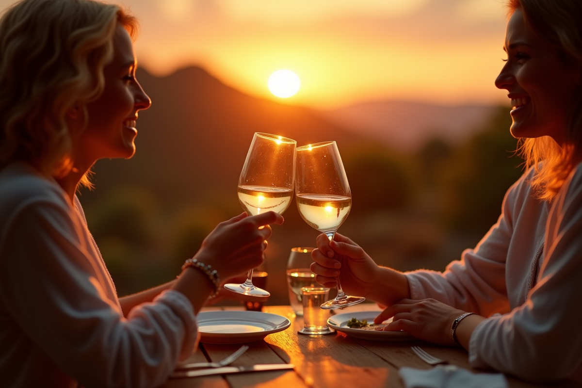Dîner romantique en extérieur au coucher du soleil