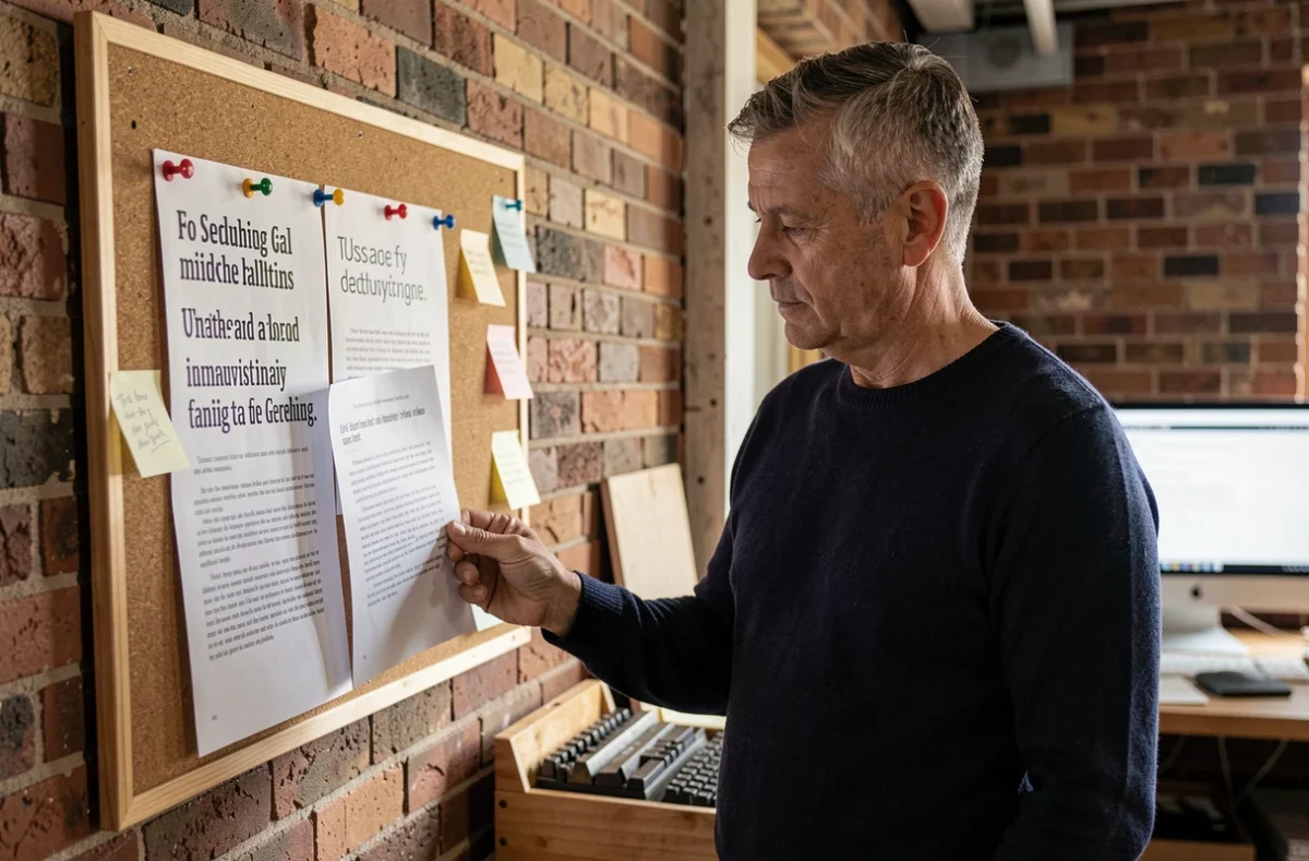 Directeur artistique comparant des exemples de polices serif et sans-serif imprimés pour un projet WordPress en studio