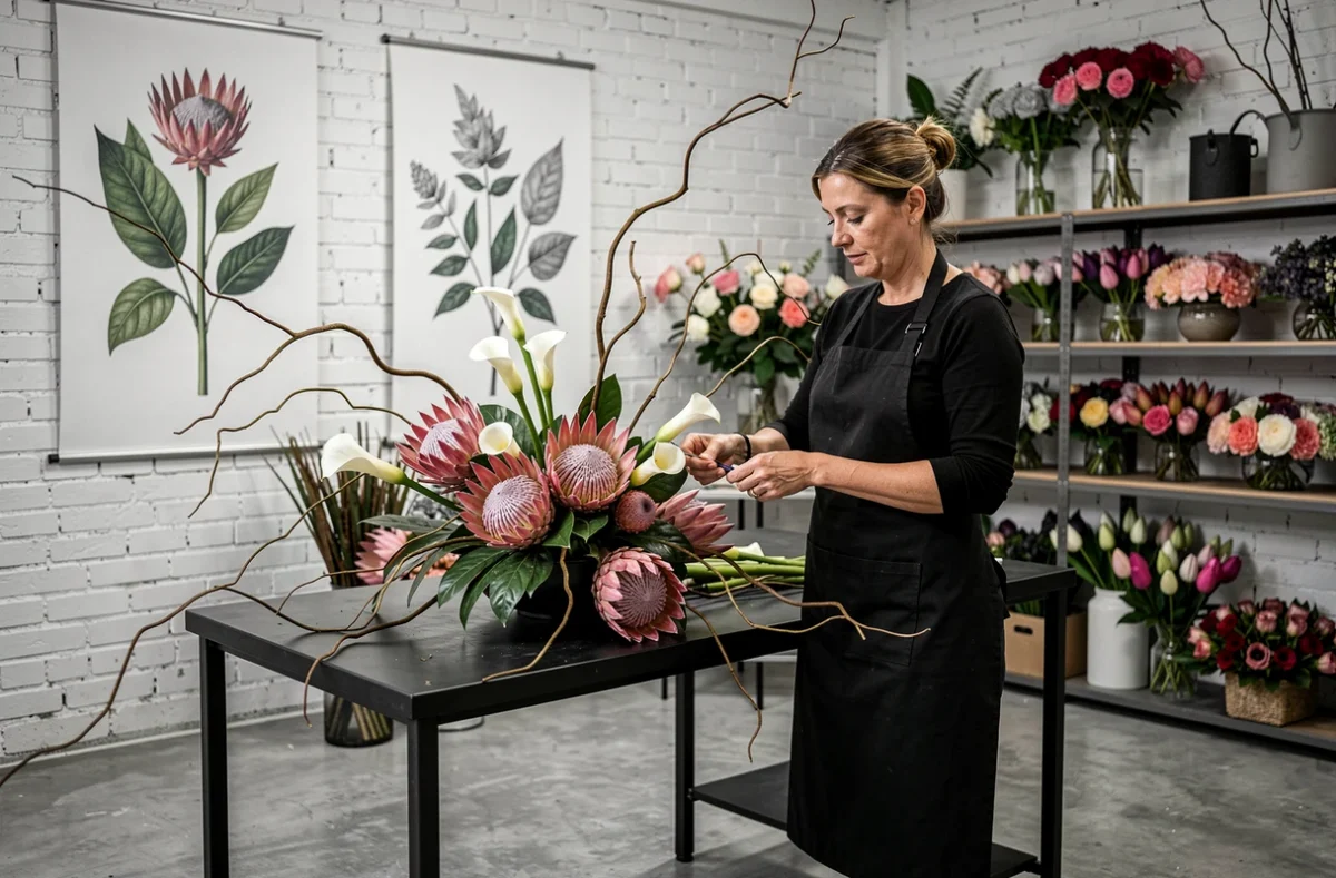 Fleuriste créant une composition florale avant-gardiste avec des protées et des branches de saule chez DM Créations Florales à Saint-Étienne