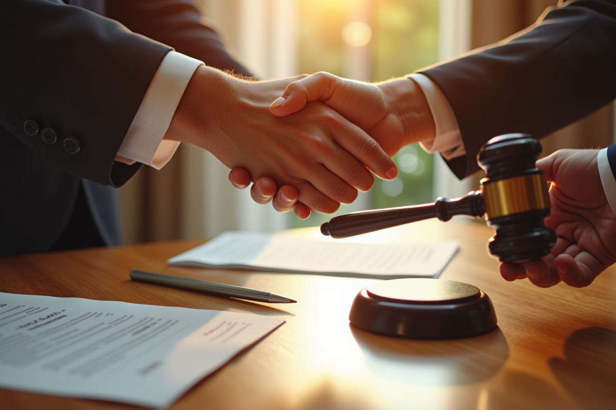 Echange de documents juridiques avec marteau et code civil