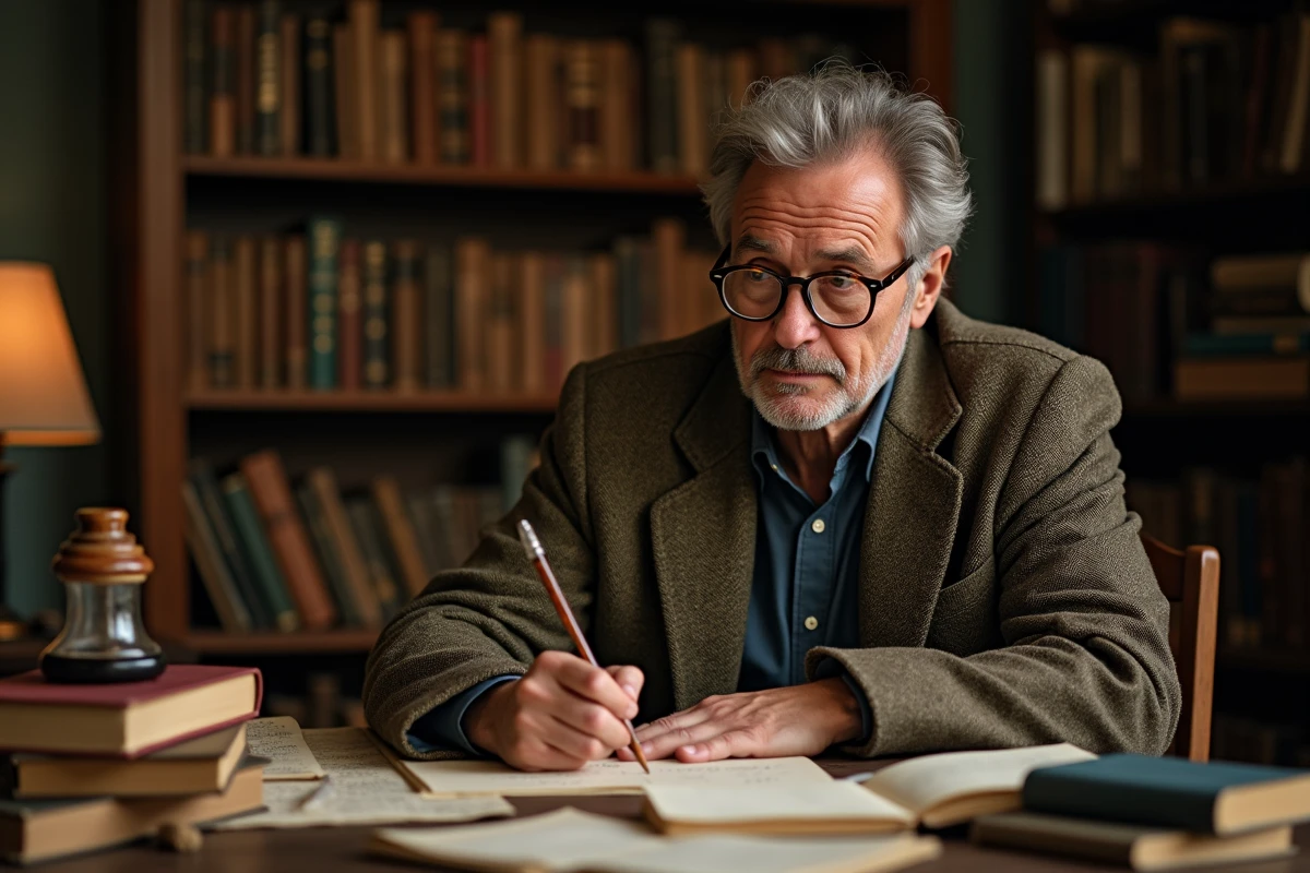 Écrivain pensif assis à son bureau en bois, entouré de livres et de notes manuscrites, évoquant l'influence des essais de Ralph Waldo Emerson sur l'écriture