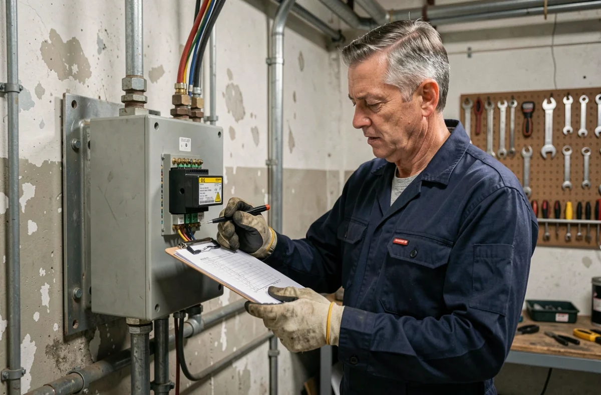 Électricien inspectant un transformateur 380V en 220V dans une salle technique industrielle