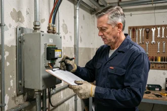 Électricien inspectant un transformateur 380V en 220V dans une salle technique industrielle