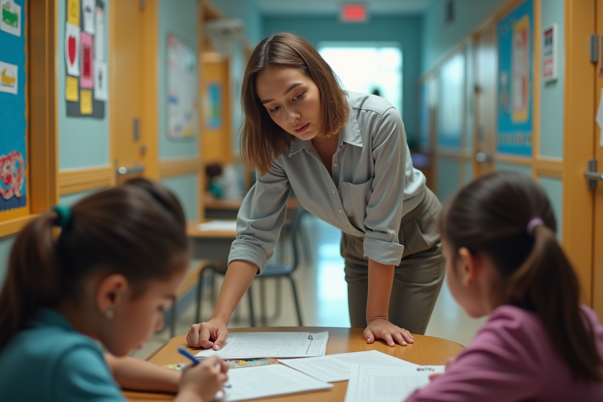 Professeure aidant deux élèves dans un couloir scolaire animé
