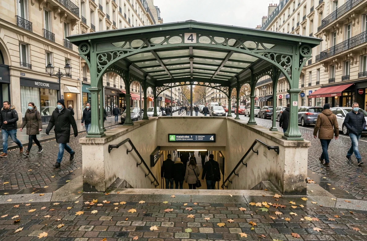 Entrée d'une station de métro parisienne ligne 4 avec sa canopie Art Nouveau et des passants