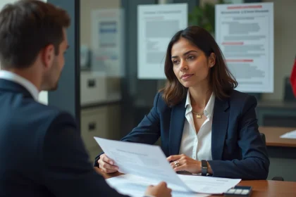 Femme candidate à la naturalisation française lors d'un entretien avec un agent administratif dans un bureau officiel