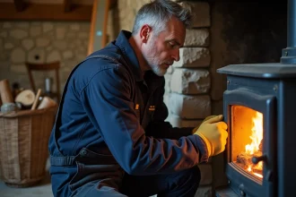 Technicien inspectant un poêle à bois en fonte dans un salon normand rustique avant l'hiver au Havre