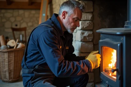 Technicien inspectant un poêle à bois en fonte dans un salon normand rustique avant l'hiver au Havre