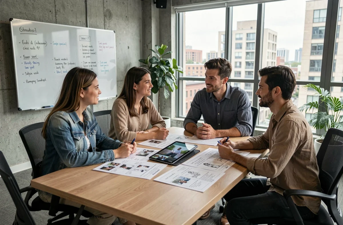 Équipe de professionnels des médias discutant des bonnes pratiques liées aux vidcaps autour d'une table de réunion dans une agence créative moderne