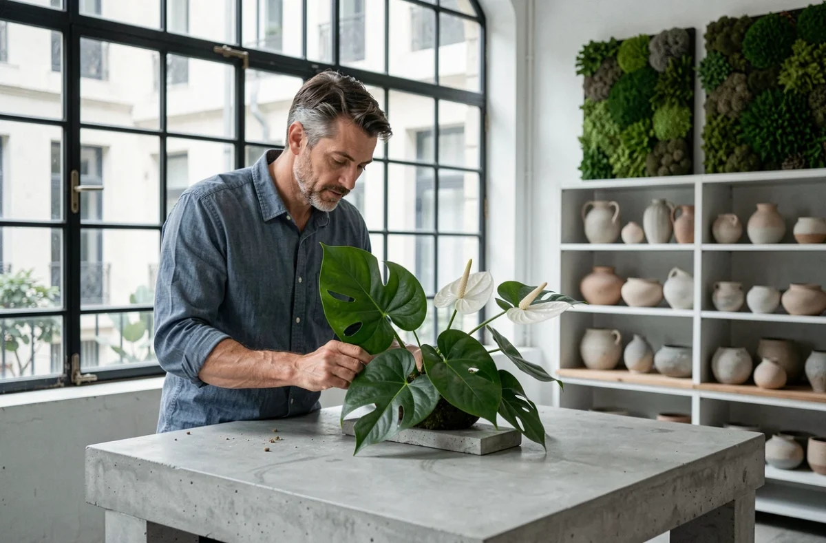 Fleuriste masculin créant une composition florale minimaliste dans l'atelier L'Espace d'Un Matin dans le 3e arrondissement de Lyon