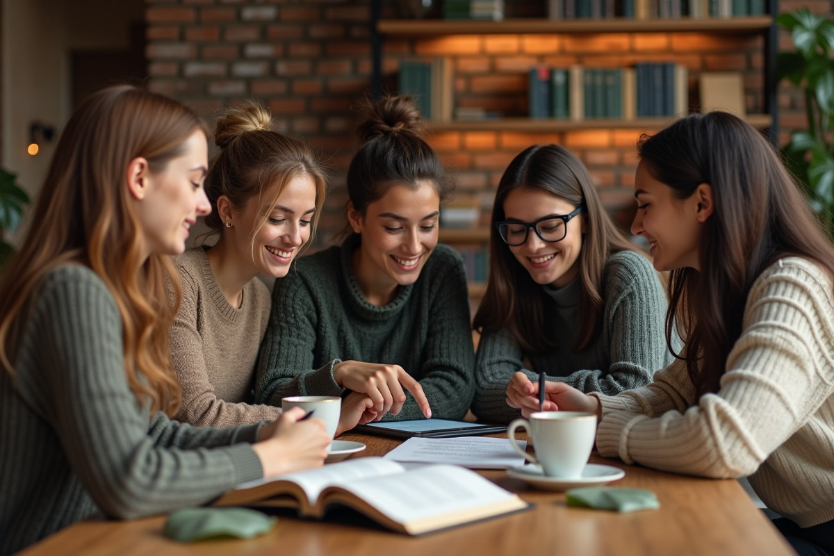 Jeunes étudiants discutant autour d une table