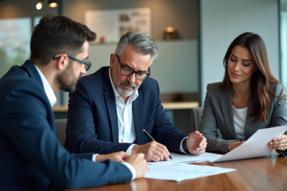 Agent immobilier et couple lors de l'évaluation immobilière
