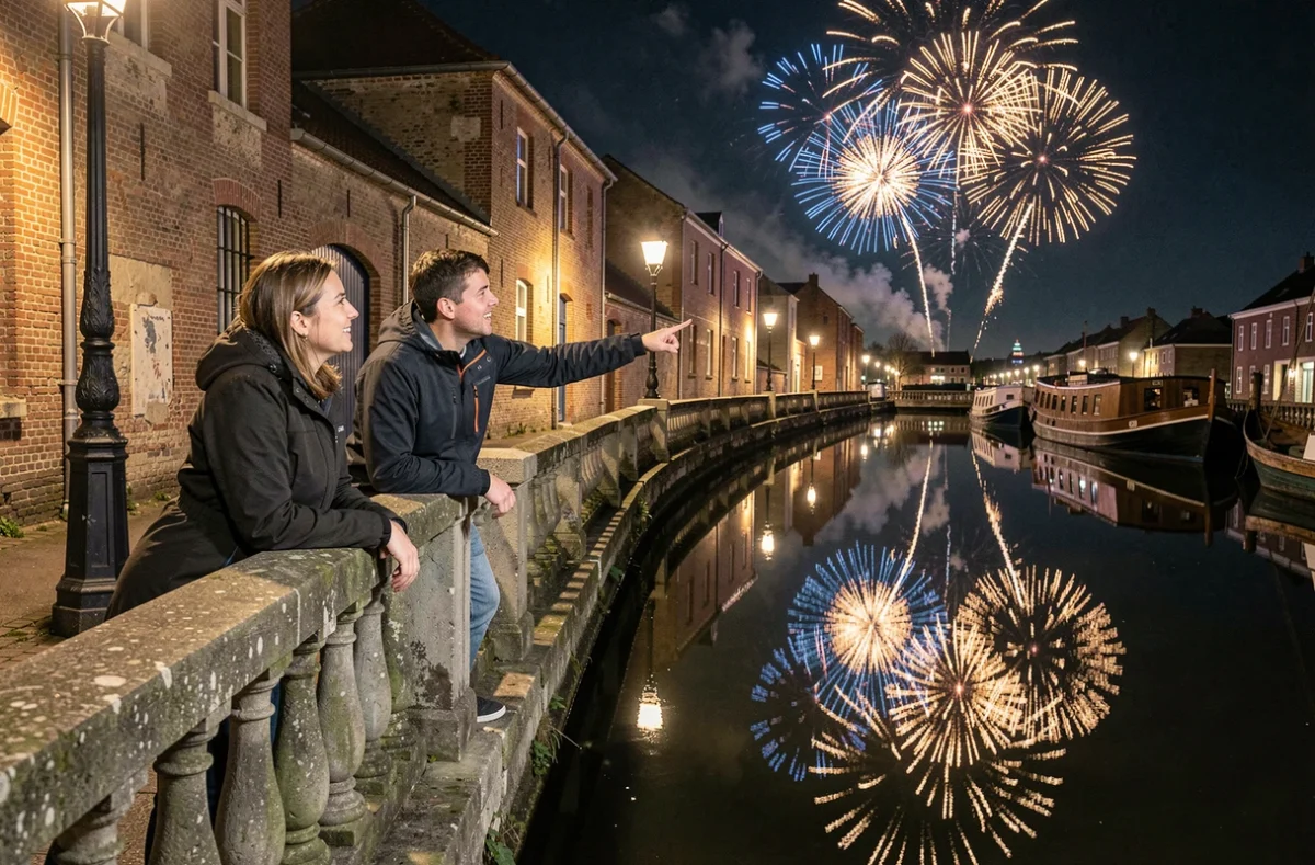 Famille regardant le feu d'artifice de Lille depuis les berges d'un canal avec le reflet des feux dans l'eau