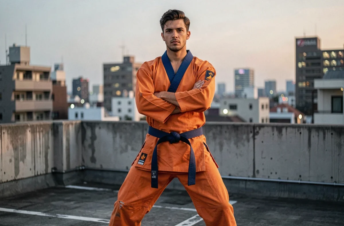 Fan adulte habillé en costume de Goku Z sur un toit urbain à Tokyo, pose martiale confiante avec vue sur la ville en arrière-plan