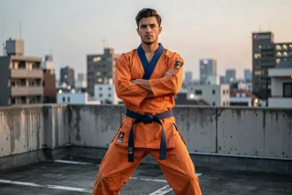 Fan adulte habillé en costume de Goku Z sur un toit urbain à Tokyo, pose martiale confiante avec vue sur la ville en arrière-plan