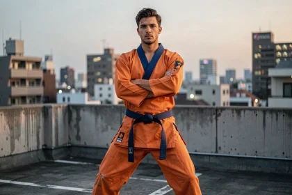 Fan adulte habillé en costume de Goku Z sur un toit urbain à Tokyo, pose martiale confiante avec vue sur la ville en arrière-plan