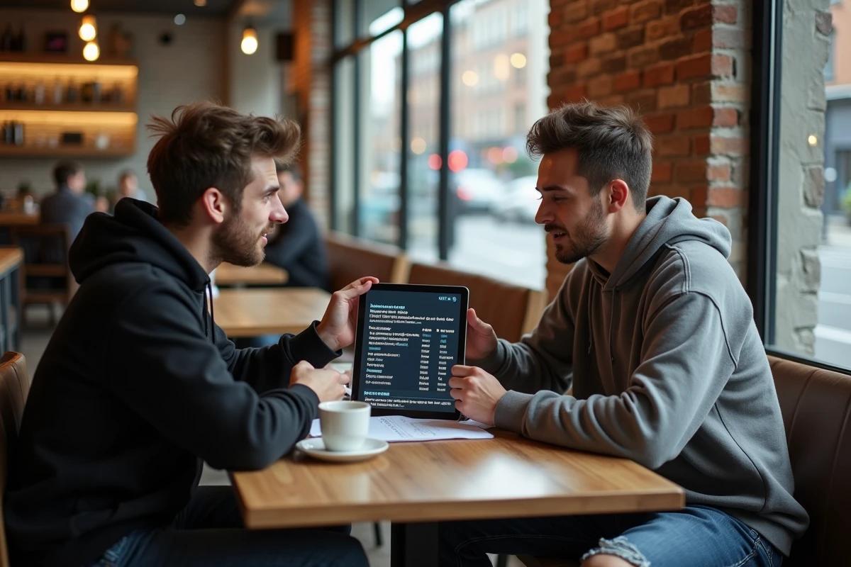 Deux fans d'anime discutant de la liste des épisodes Fairy Tail dans un café urbain