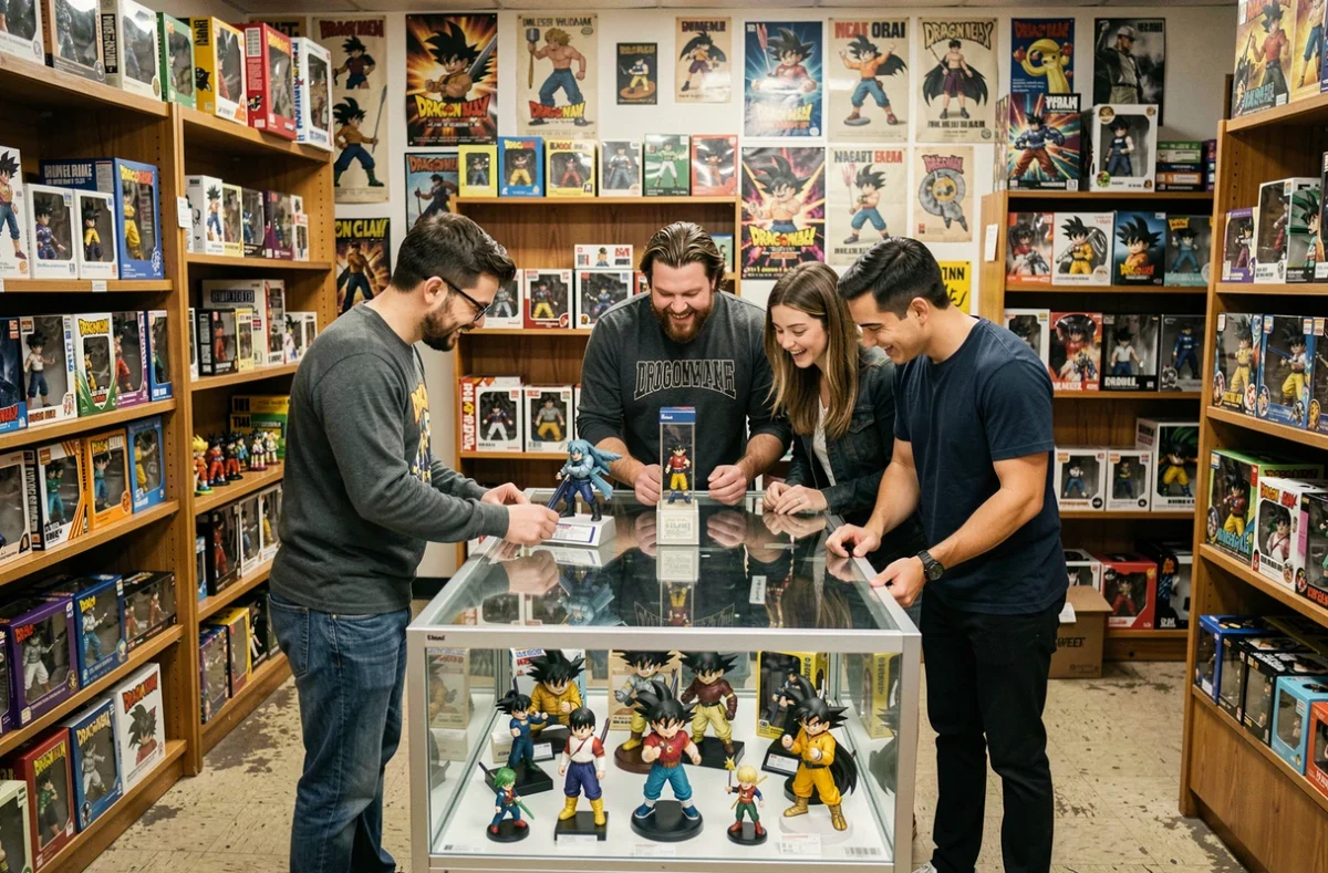 Groupe de fans adultes dans une boutique de figurines anime examinant des objets de collection Dragon Ball Z avec enthousiasme